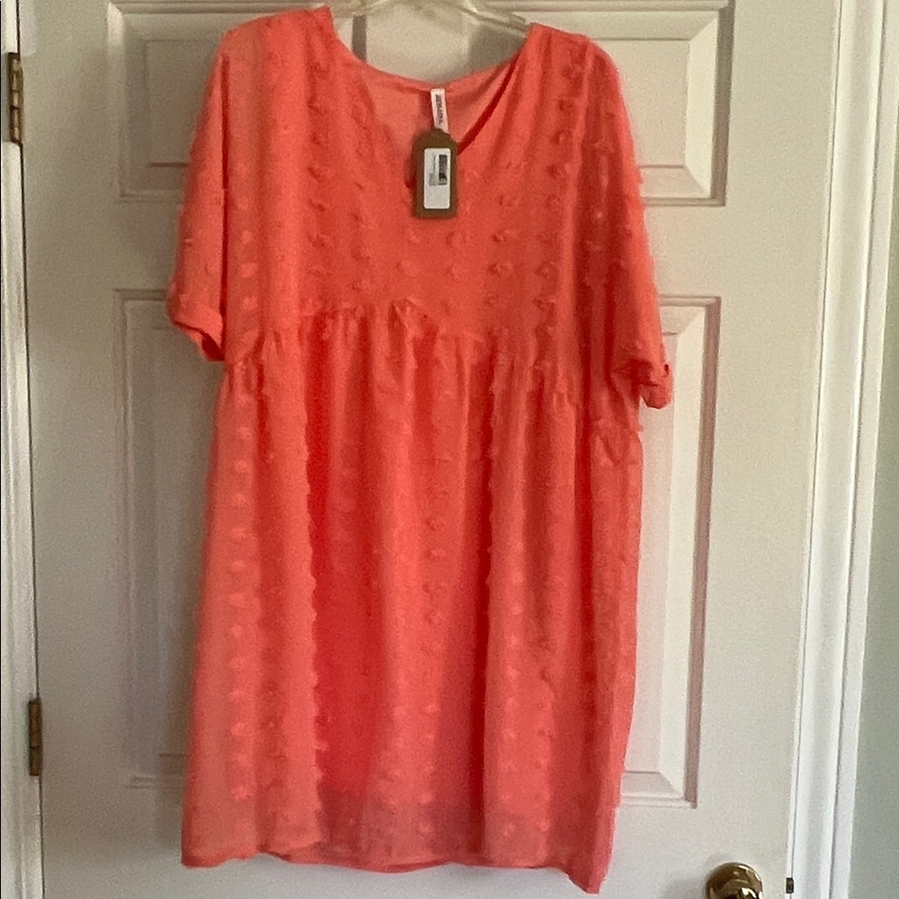 Zenana Outfitters Coral Shift Dress with Textured Dots